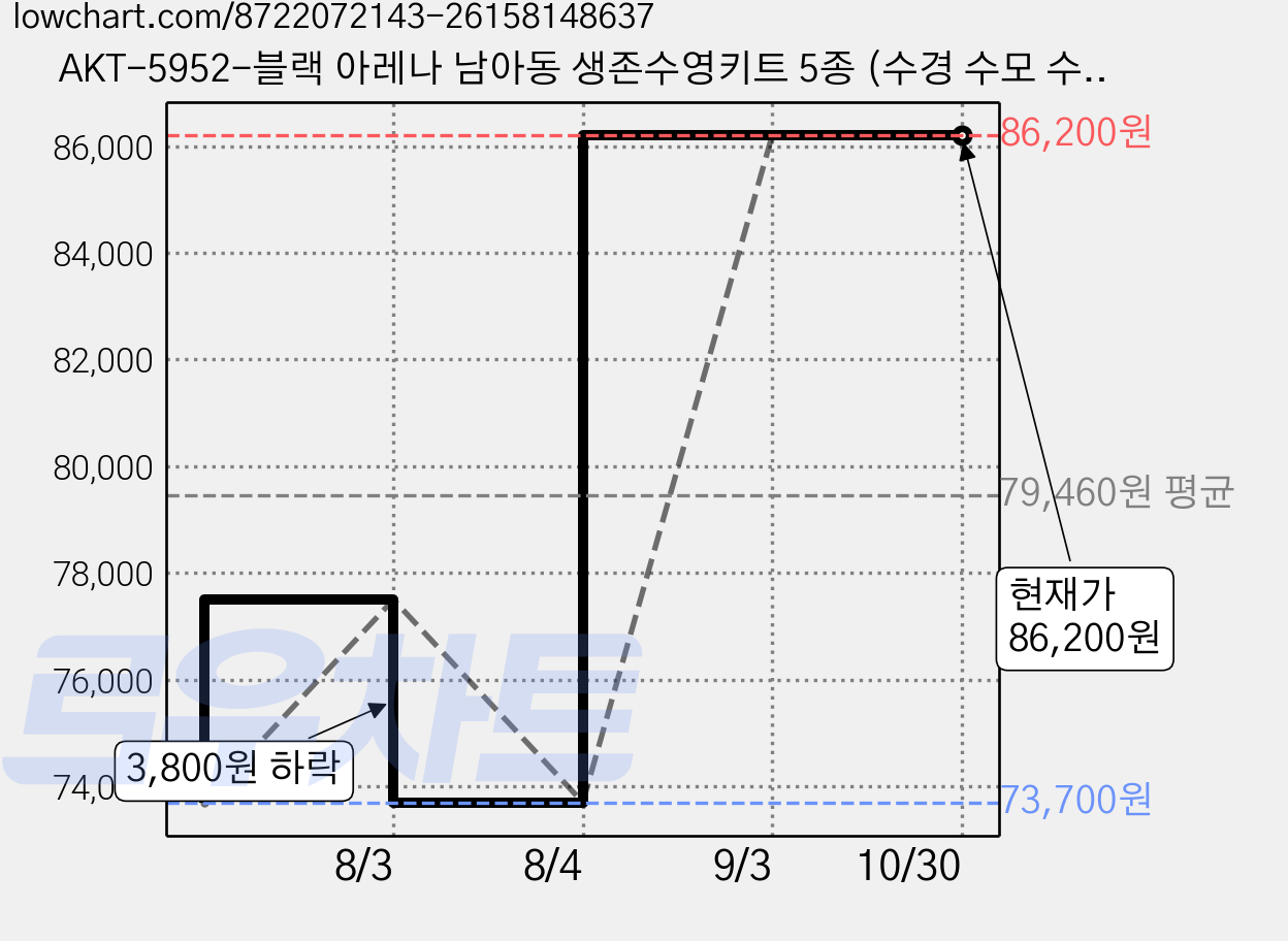 AKT-5952-블랙 아레나 남아동 생존수영키트 5종 (수경 수모 수영복 메쉬가방 타올 폴리백 세트) 가격 변동 차트, 현재가 86,200원, 관측 최저가 73,700원