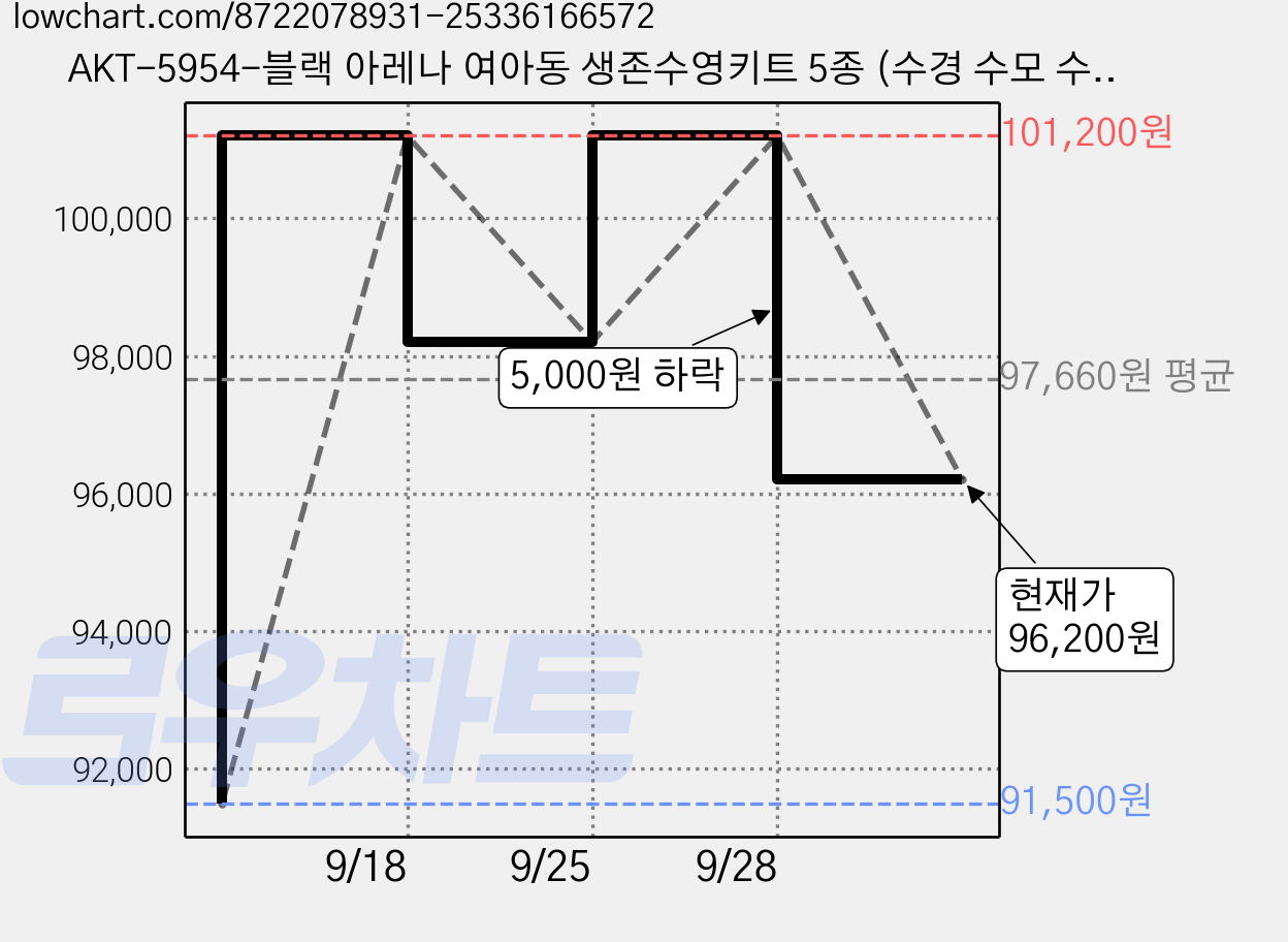 AKT-5954-블랙 아레나 여아동 생존수영키트 5종 (수경 수모 수영복 메쉬가방 타올 폴리백 세트) 가격 변동 차트, 현재가 96,200원, 관측 최저가 91,500원