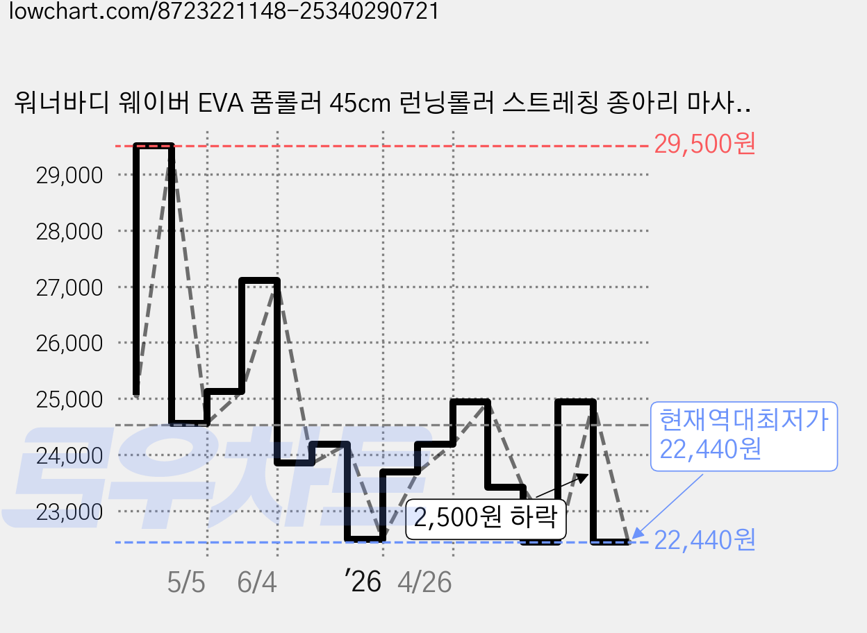 워너바디 웨이버 EVA 폼롤러 45cm 런닝롤러 스트레칭 종아리 마사지, 피치핑크/스카이블루, 1개 가격 변동 차트, 현재가 22,440원, 역대최저가