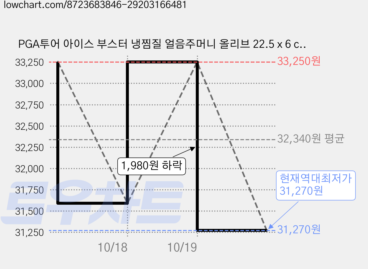 PGA투어 아이스 부스터 냉찜질 얼음주머니 올리브 22.5 x 6 cm, 5개 가격 변동 차트, 현재가 31,270원, 역대최저가