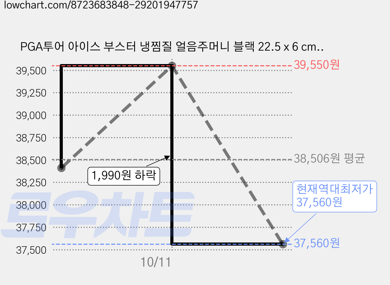 PGA투어 아이스 부스터 냉찜질 얼음주머니 블랙 22.5 x 6 cm, 6개 가격 변동 차트, 현재가 37,560원, 역대최저가