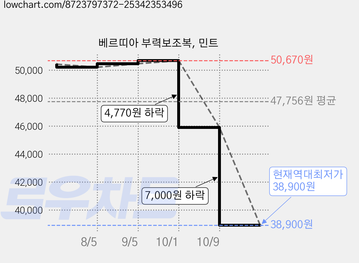 베르띠아 부력보조복, 민트 가격 변동 차트, 현재가 38,900원, 역대최저가