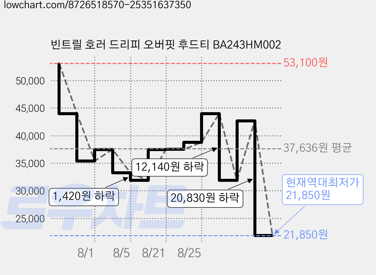 빈트릴 호러 드리피 오버핏 후드티 BA243HM002 가격 변동 차트, 현재가 21,850원, 역대최저가