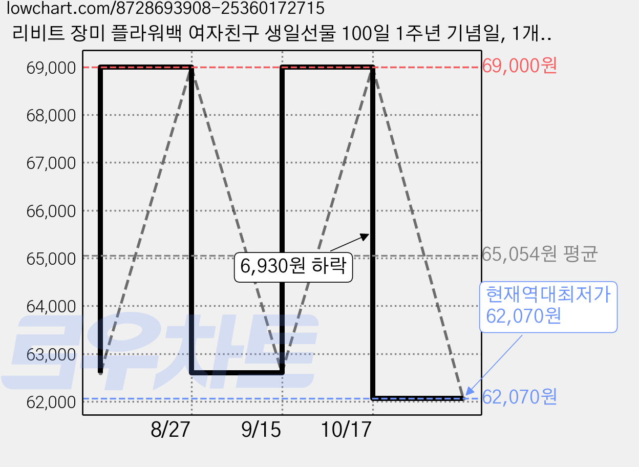 리비트 장미 플라워백 여자친구 생일선물 100일 1주년 기념일, 1개, M 가격 변동 차트, 현재가 62,070원, 역대최저가