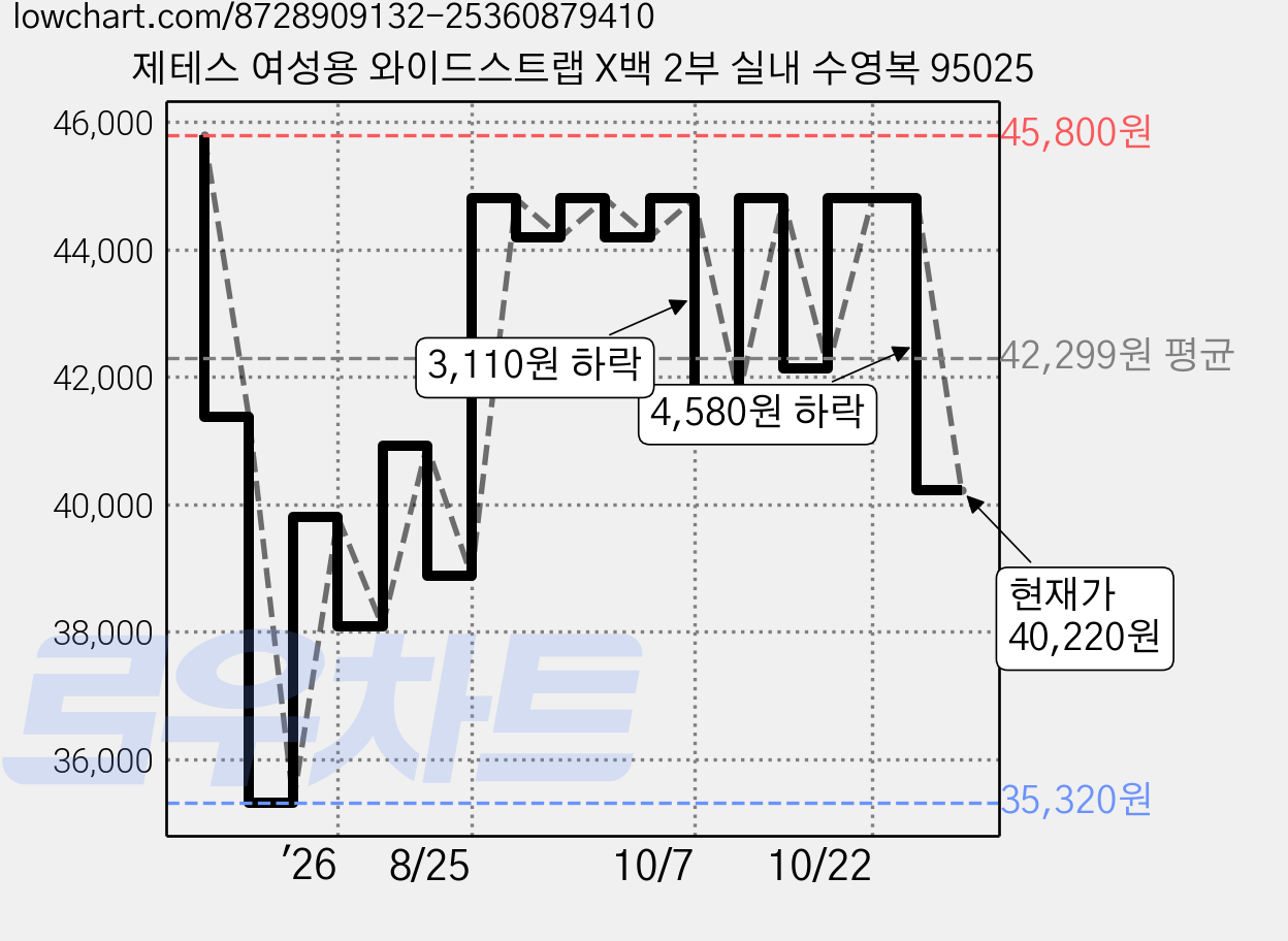 제테스 여성용 와이드스트랩 X백 2부 실내 수영복 95025 가격 변동 차트, 현재가 40,220원, 관측 최저가 35,320원