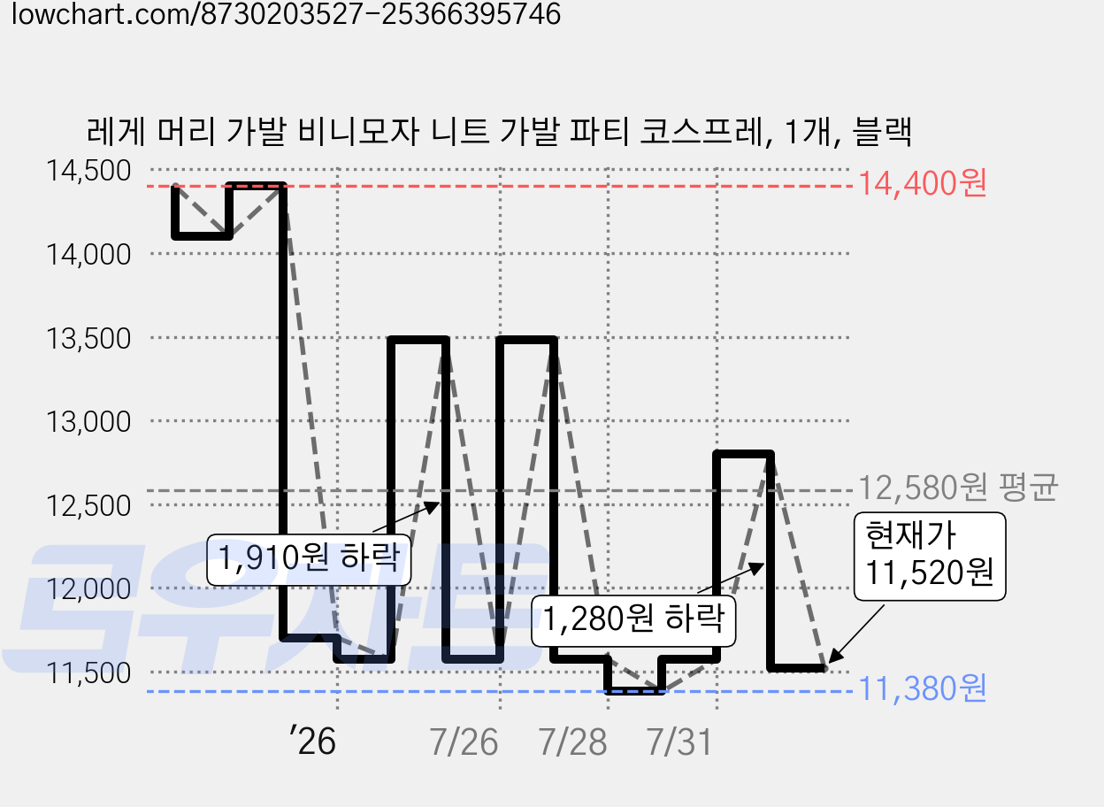 레게 머리 가발 비니모자 니트 가발 파티 코스프레, 1개, 블랙 가격 변동 차트, 현재가 11,520원, 관측 최저가 11,380원