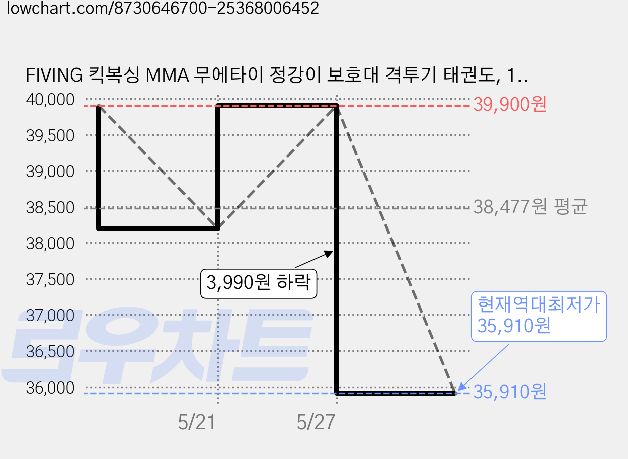 FIVING 킥복싱 MMA 무에타이 정강이 보호대 격투기 태권도, 1세트, 블랙+골드 가격 변동 차트, 현재가 35,910원, 역대최저가