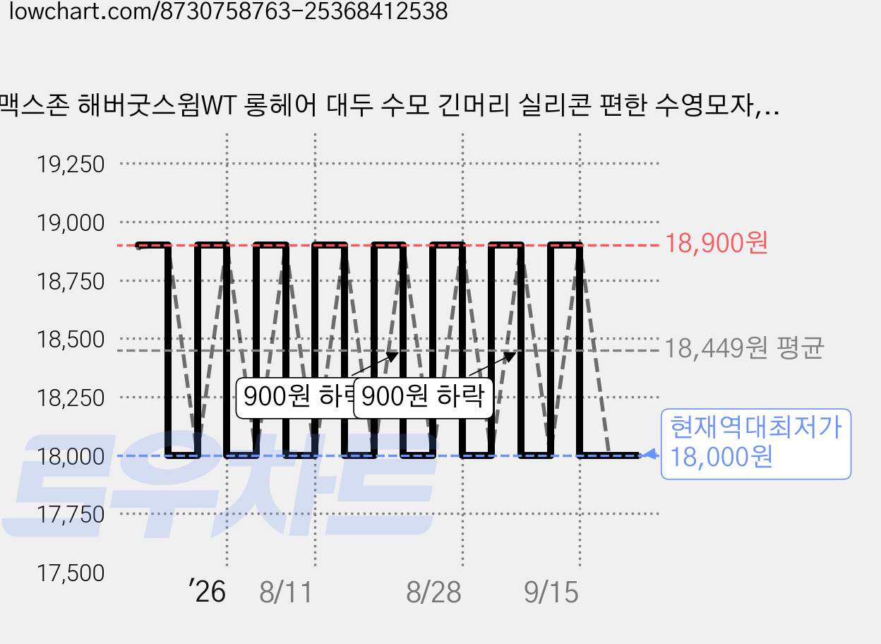 맥스존 해버굿스윔WT 롱헤어 대두 수모 긴머리 실리콘 편한 수영모자, 1개, 화이트 가격 변동 차트, 현재가 18,000원, 역대최저가