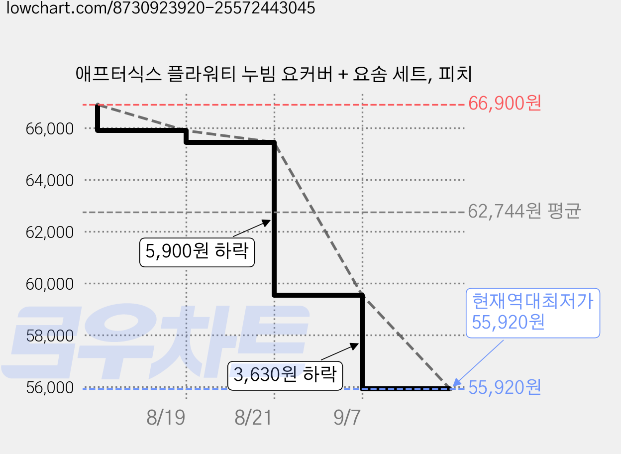 애프터식스 플라워티 누빔 요커버 + 요솜 세트, 피치 가격 변동 차트, 현재가 55,920원, 역대최저가