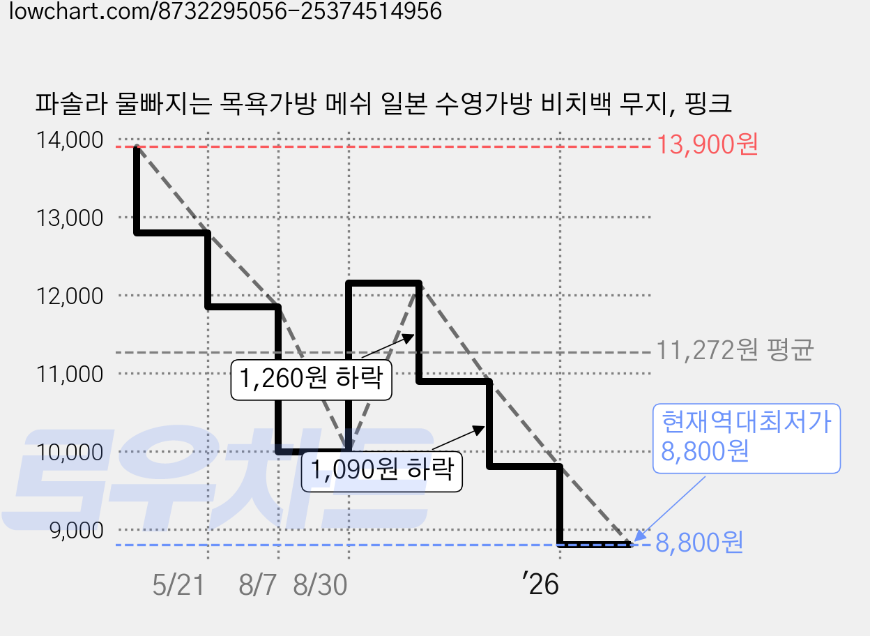 파솔라 물빠지는 목욕가방 메쉬 일본 수영가방 비치백 무지, 핑크 가격 변동 차트, 현재가 8,800원, 역대최저가