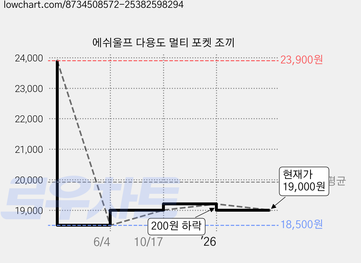 에쉬울프 다용도 멀티 포켓 조끼 가격 변동 차트, 현재가 19,000원, 관측 최저가 18,500원
