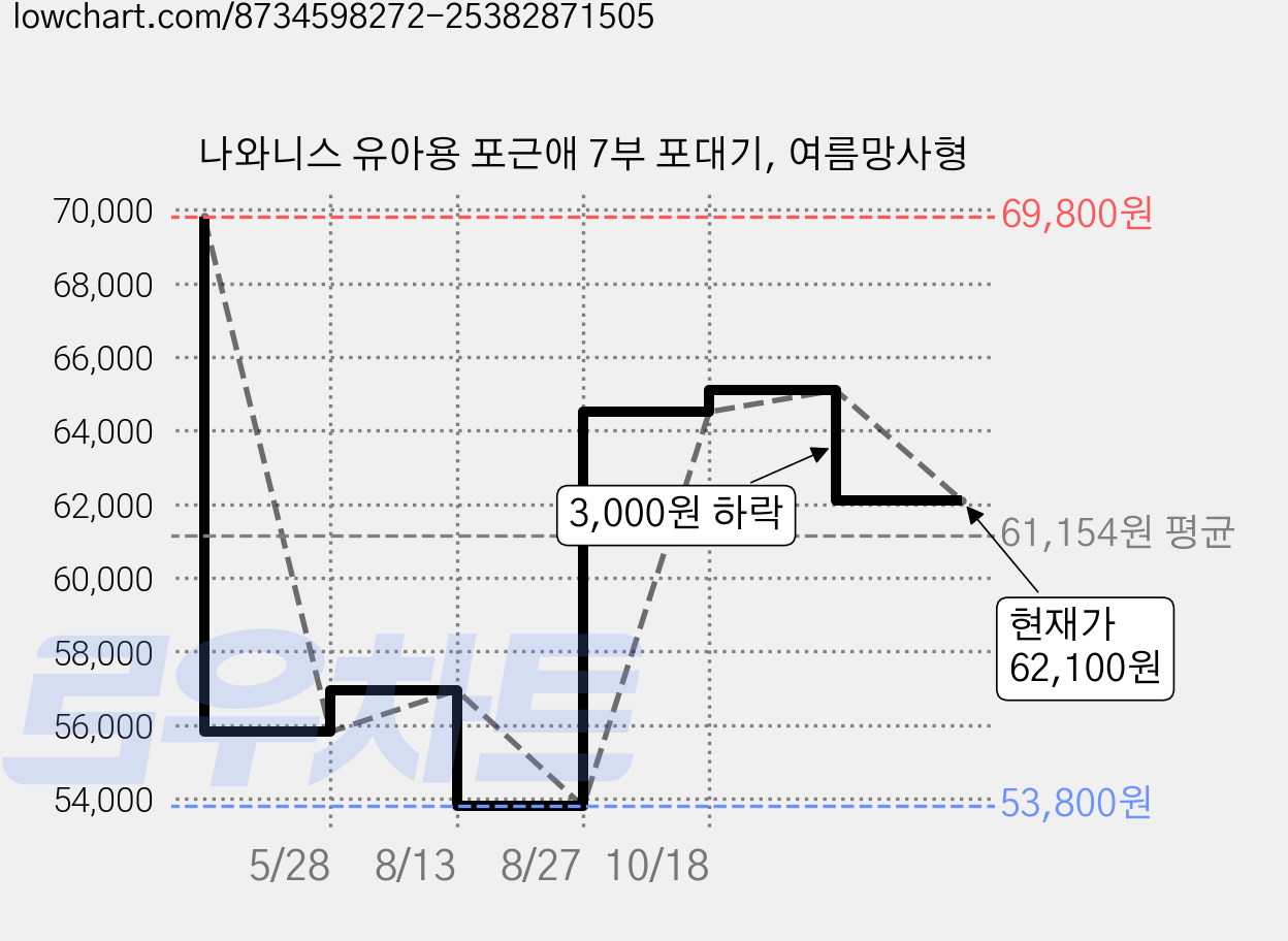 나와니스 유아용 포근애 7부 포대기, 여름망사형 가격 변동 차트, 현재가 62,100원, 관측 최저가 53,800원