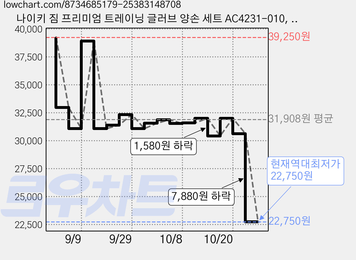 나이키 짐 프리미엄 트레이닝 글러브 양손 세트 AC4231-010, Black, 1세트 가격 변동 차트, 현재가 22,750원, 역대최저가