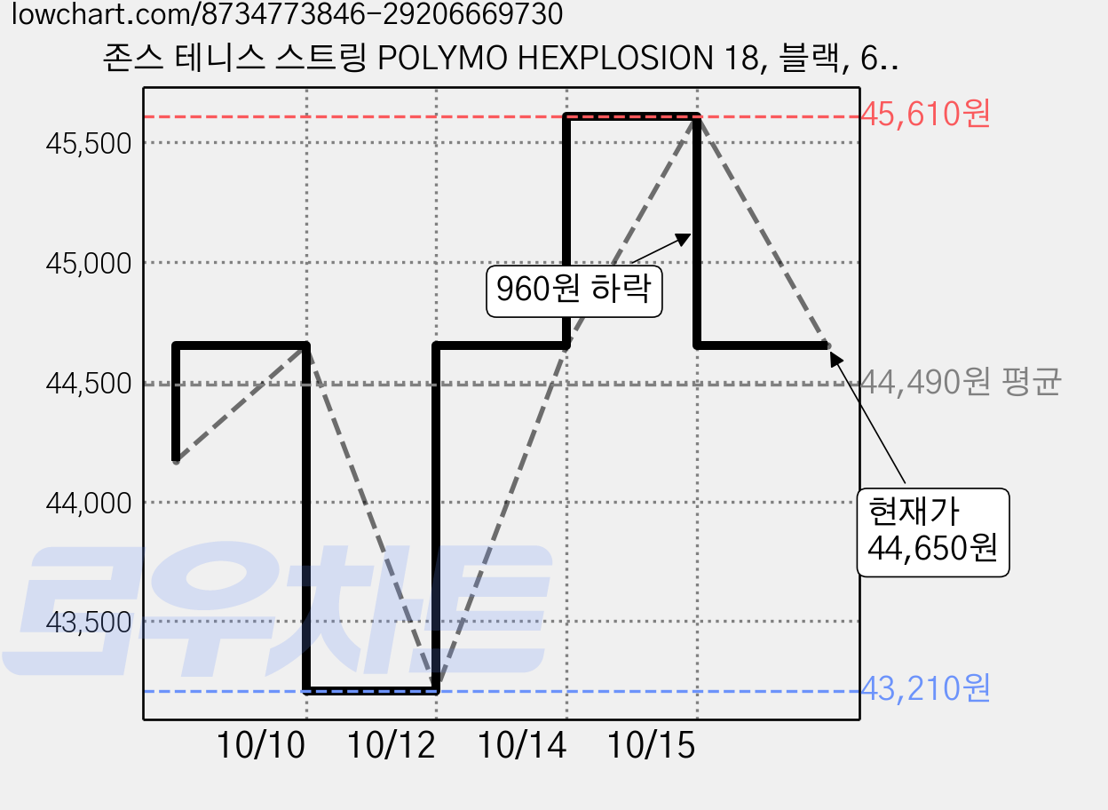 존스 테니스 스트링 POLYMO HEXPLOSION 18, 블랙, 6개 가격 변동 차트, 현재가 44,650원, 관측 최저가 43,210원