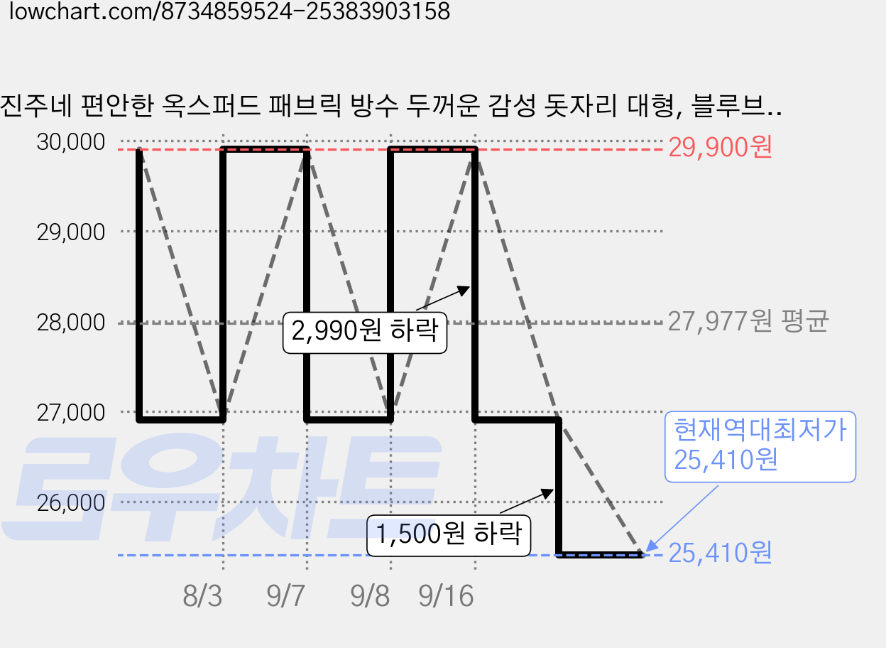 진주네 편안한 옥스퍼드 패브릭 방수 두꺼운 감성 돗자리 대형, 블루브라운 스트라이프 가격 변동 차트, 현재가 25,410원, 역대최저가