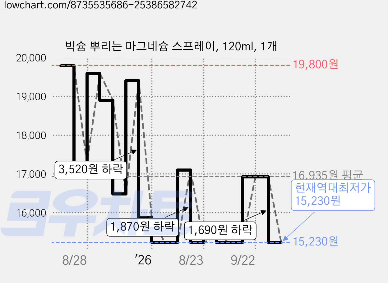 빅슘 뿌리는 마그네슘 스프레이, 120ml, 1개 가격 변동 차트, 현재가 15,230원, 역대최저가