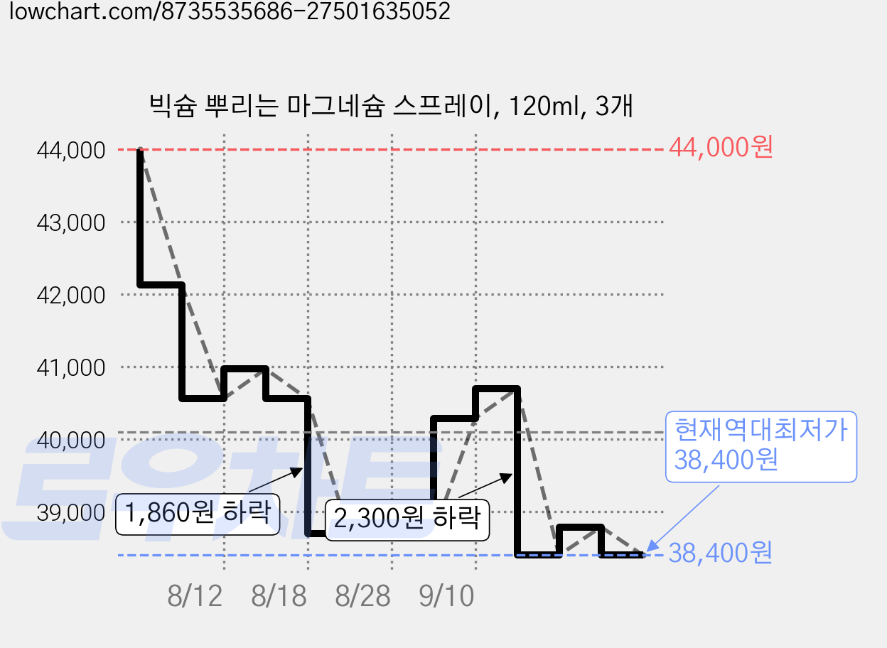 빅슘 뿌리는 마그네슘 스프레이, 120ml, 3개 가격 변동 차트, 현재가 38,400원, 역대최저가