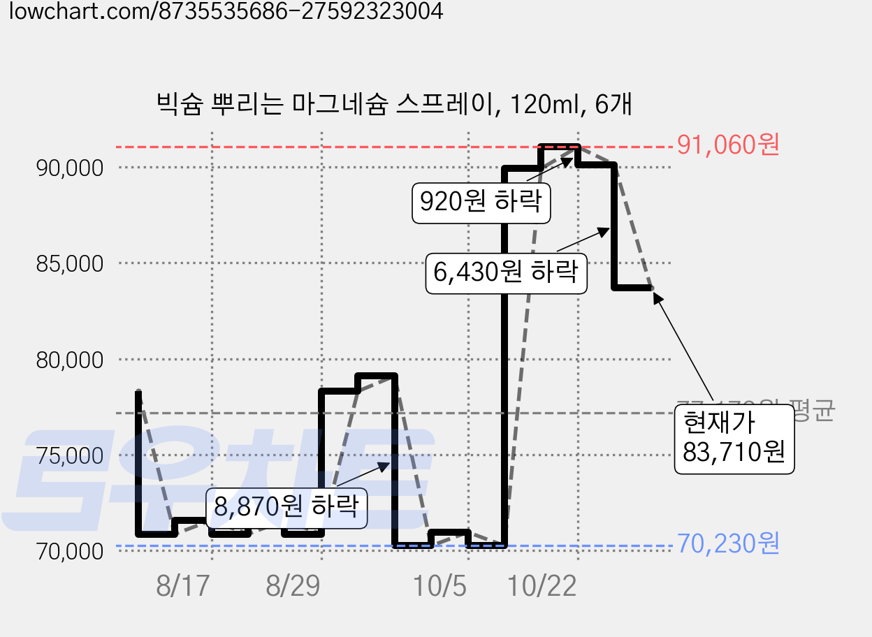 빅슘 뿌리는 마그네슘 스프레이, 120ml, 6개 가격 변동 차트, 현재가 83,710원, 관측 최저가 70,230원