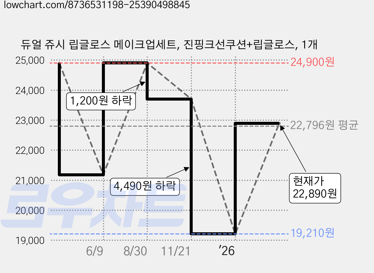 듀얼 쥬시 립글로스 메이크업세트, 진핑크선쿠션+립글로스, 1개 가격 변동 차트, 현재가 22,890원, 관측 최저가 9,800원