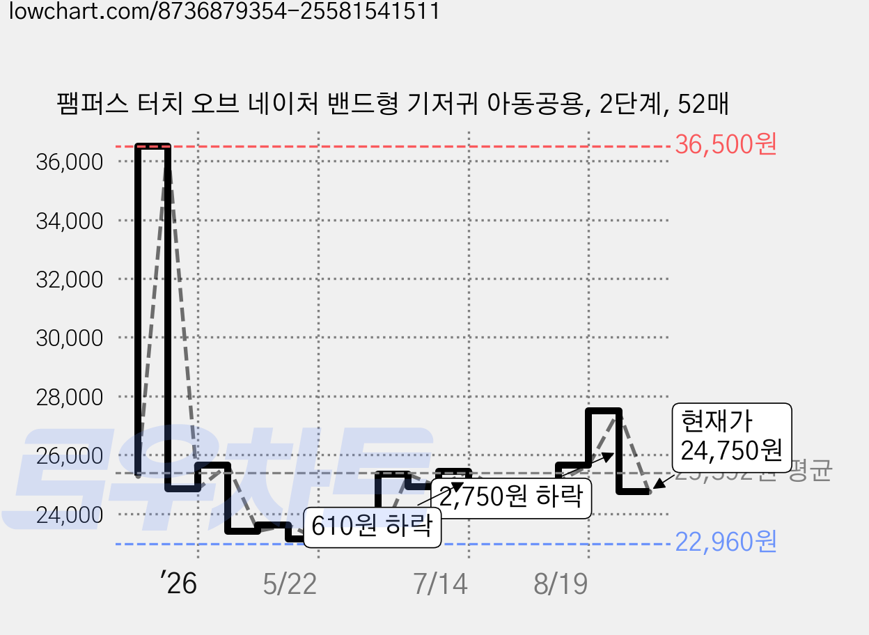 팸퍼스 터치 오브 네이처 밴드형 기저귀 아동공용, 2단계, 52매 가격 변동 차트, 현재가 24,750원, 관측 최저가 22,870원