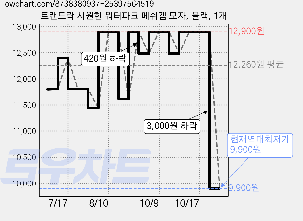 트랜드락 시원한 워터파크 메쉬캡 모자, 블랙, 1개 가격 변동 차트, 현재가 9,900원, 역대최저가