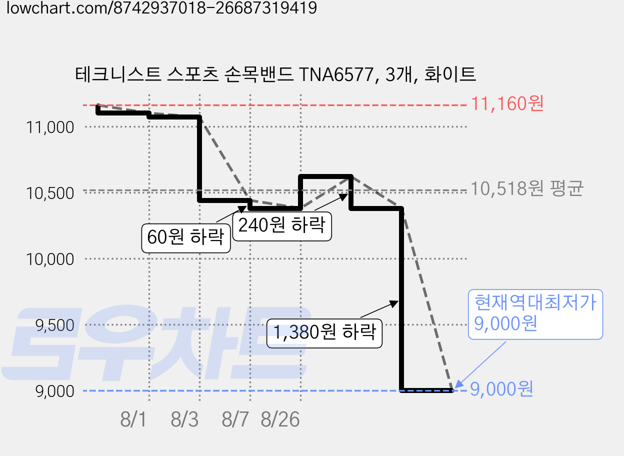 테크니스트 스포츠 손목밴드 TNA6577, 3개, 화이트 가격 변동 차트, 현재가 9,000원, 역대최저가