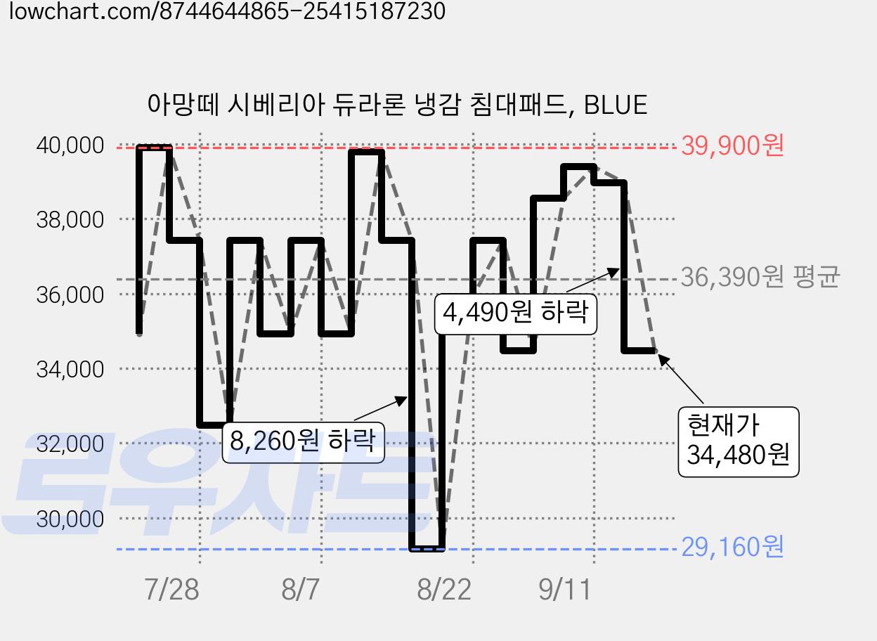 아망떼 시베리아 듀라론 냉감 침대패드, BLUE 가격 변동 차트, 현재가 34,480원, 관측 최저가 29,160원