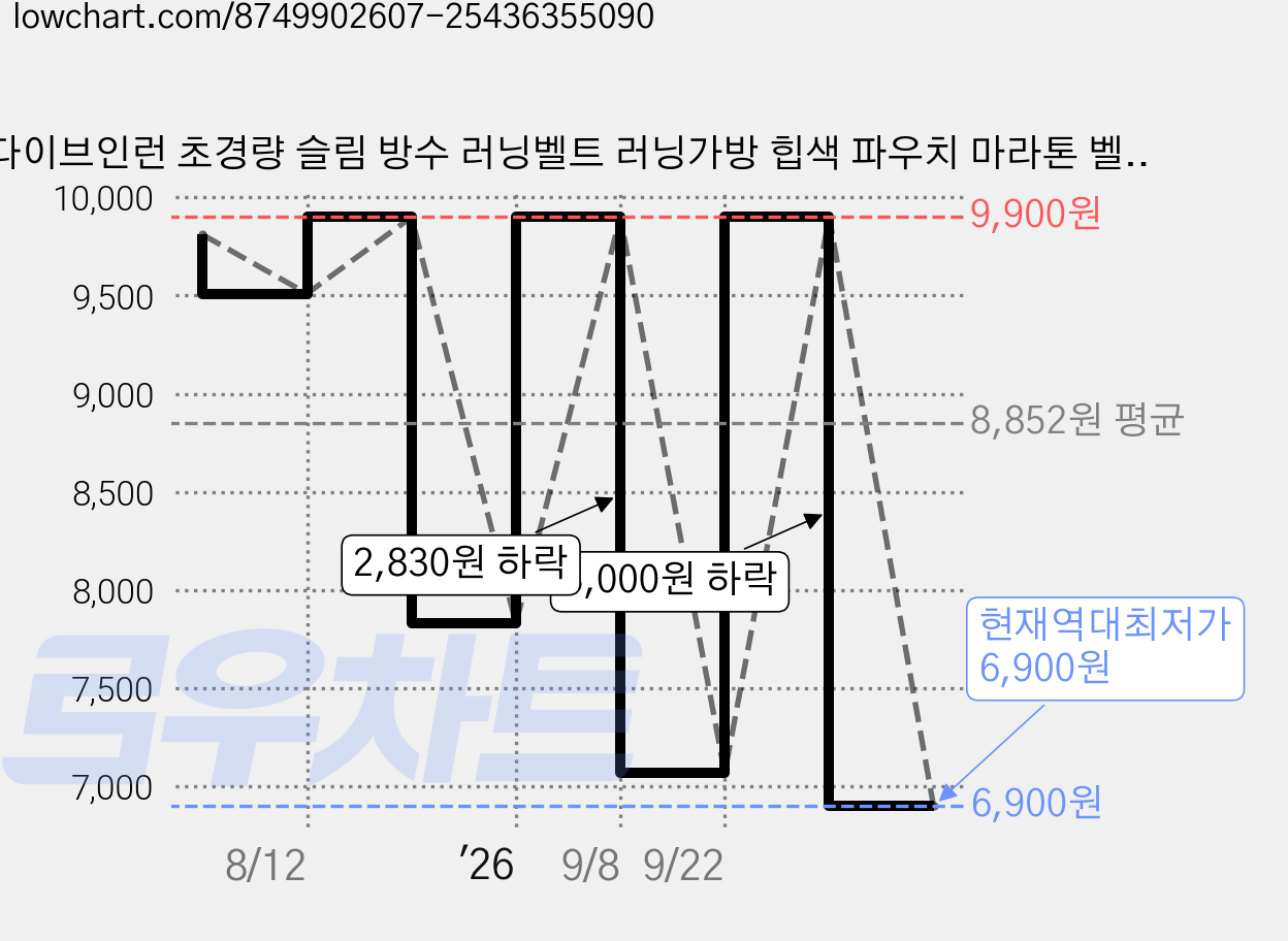 다이브인런 초경량 슬림 방수 러닝벨트 러닝가방 힙색 파우치 마라톤 벨트 마라톤 가방, 블랙, 1개 가격 변동 차트, 현재가 6,900원, 역대최저가