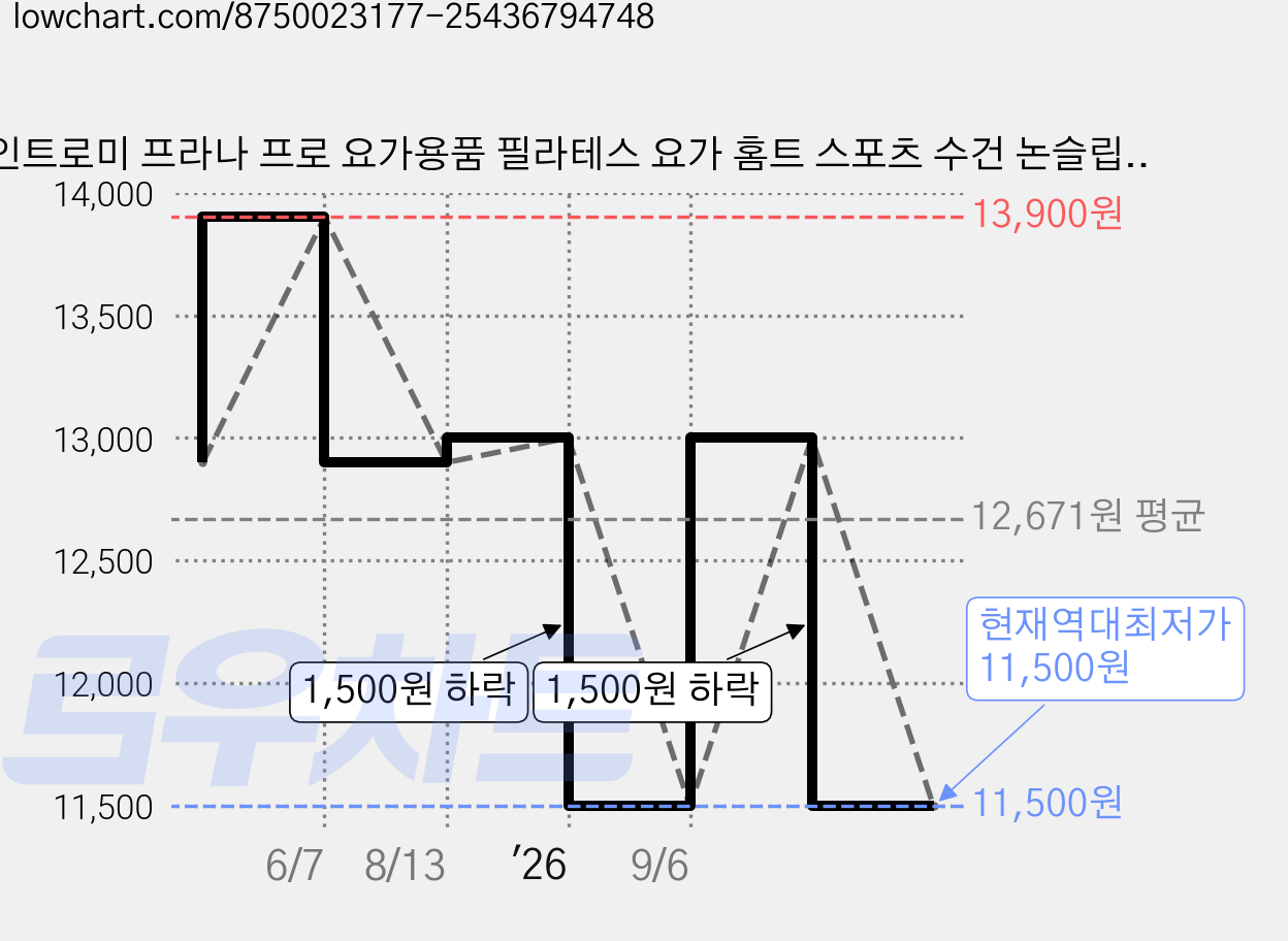 인트로미 프라나 프로 요가용품 필라테스 요가 홈트 스포츠 수건 논슬립 요가 핸드 타월, 미스트 블루, 1개 가격 변동 차트, 현재가 11,500원, 역대최저가