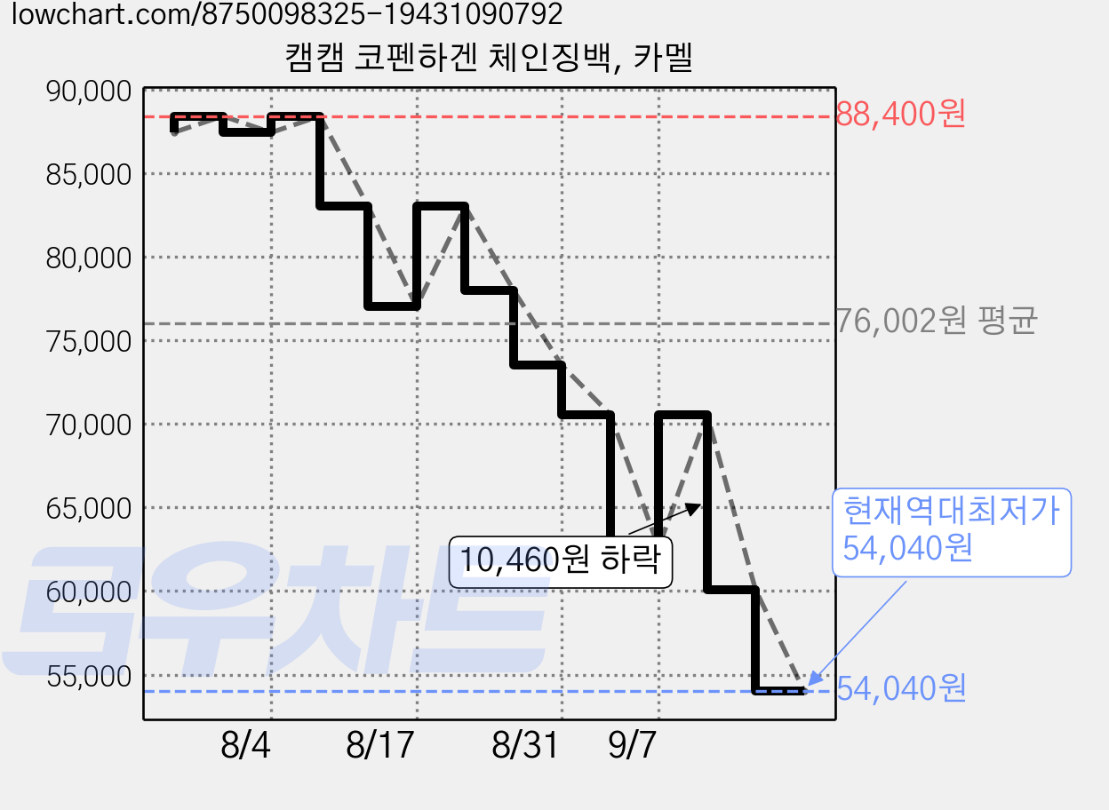 캠캠 코펜하겐 체인징백, 카멜 가격 변동 차트, 현재가 54,040원, 역대최저가