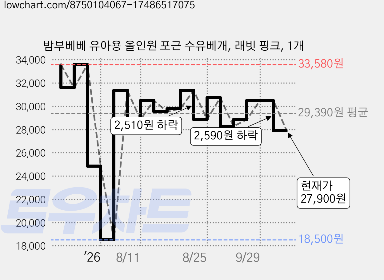 밤부베베 유아용 올인원 포근 수유베개, 래빗 핑크, 1개 가격 변동 차트, 현재가 27,900원, 관측 최저가 18,500원