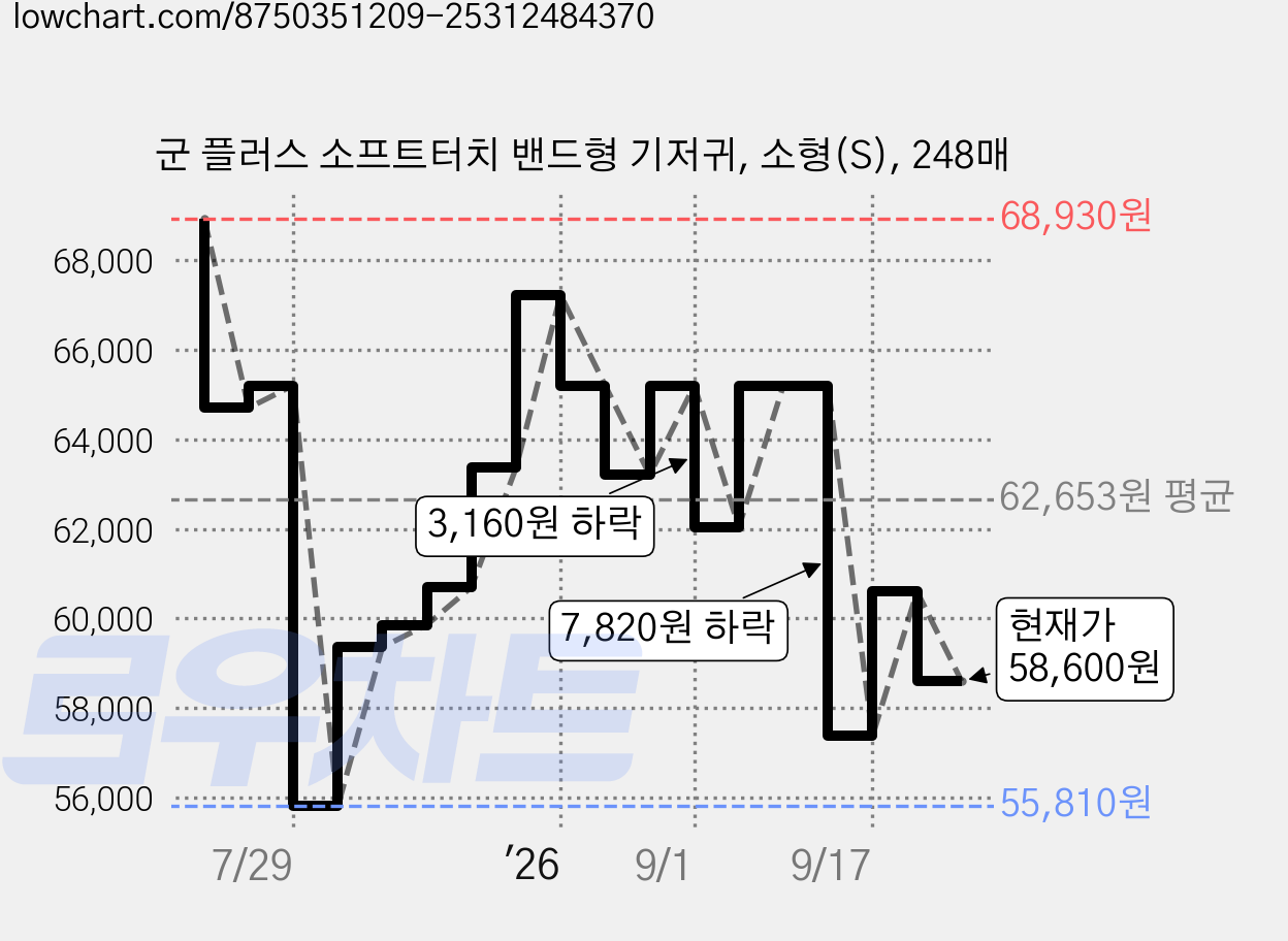 군 플러스 소프트터치 밴드형 기저귀, 소형(S), 248매 가격 변동 차트, 현재가 58,600원, 관측 최저가 55,810원