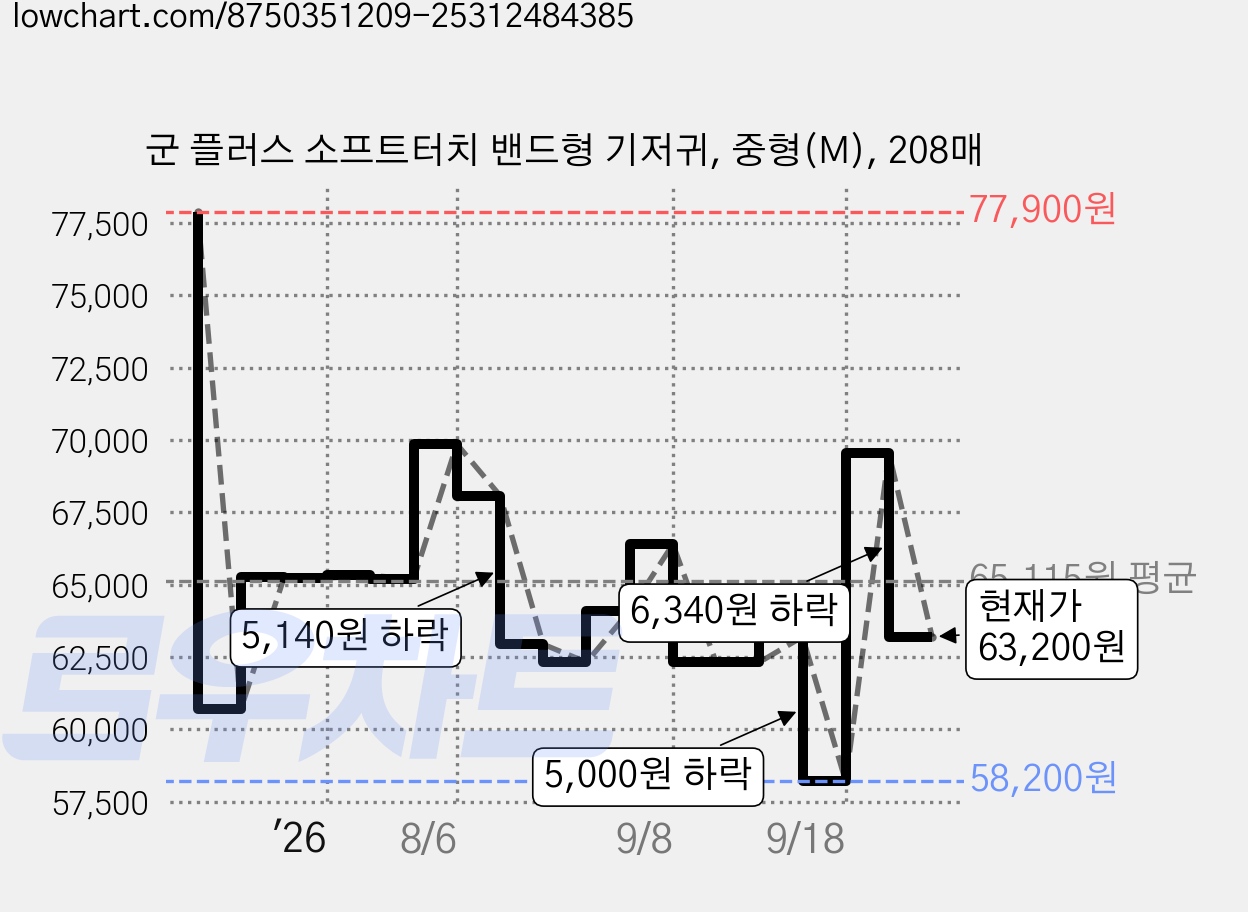 군 플러스 소프트터치 밴드형 기저귀, 중형(M), 208매 가격 변동 차트, 현재가 63,200원, 관측 최저가 58,200원