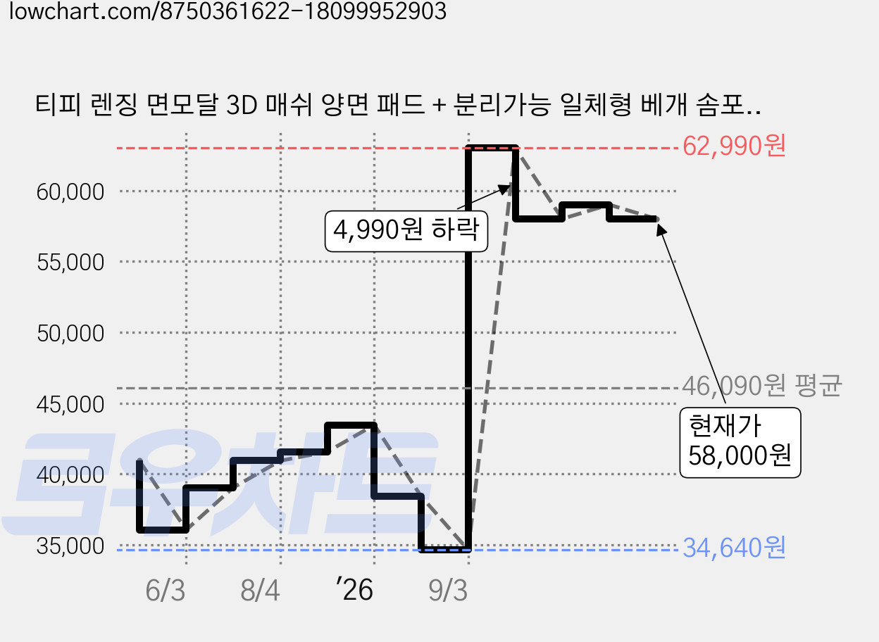 티피 렌징 면모달 3D 매쉬 양면 패드 + 분리가능 일체형 베개 솜포함, 레아 가격 변동 차트, 현재가 58,000원, 관측 최저가 34,640원
