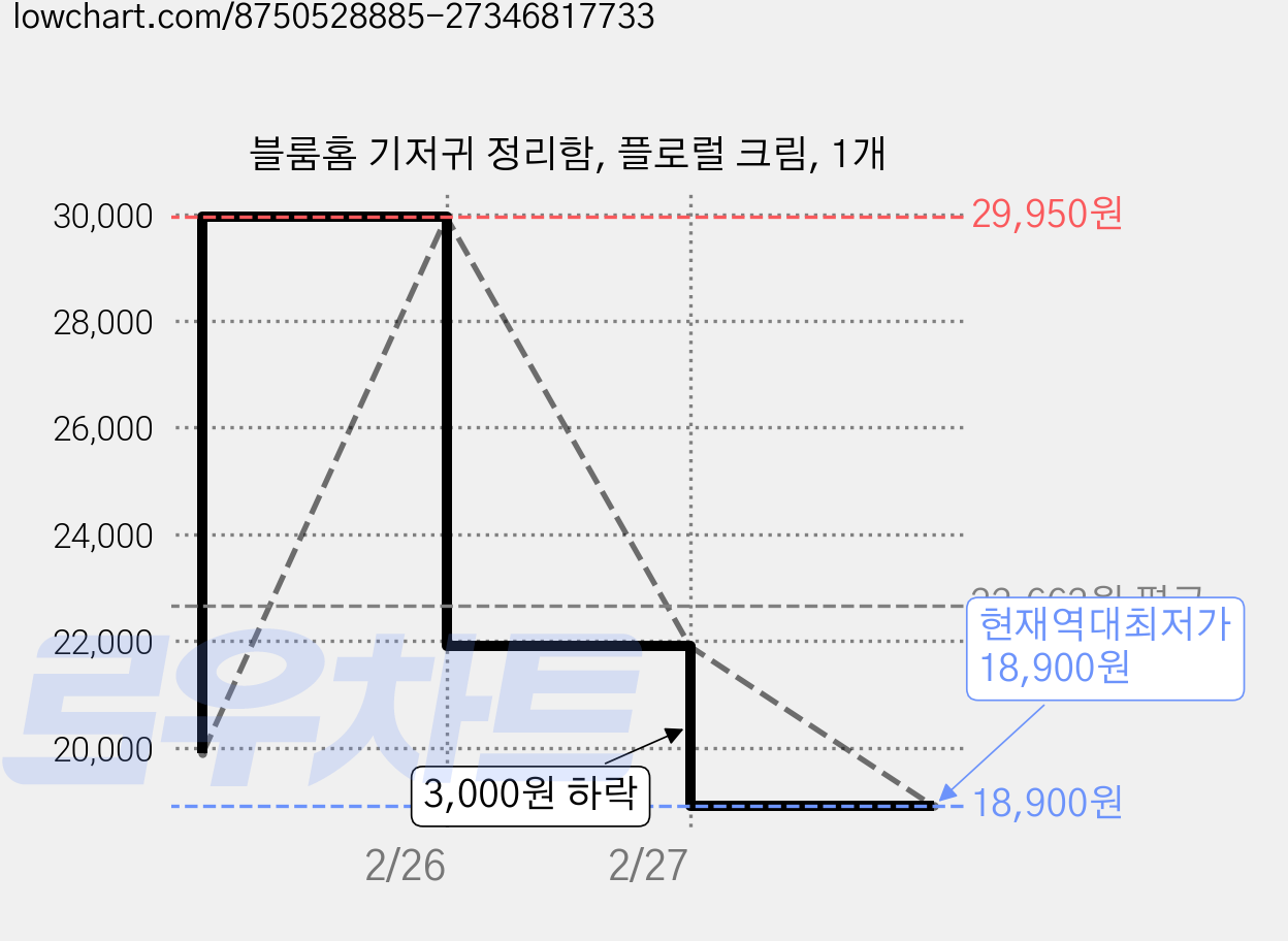 블룸홈 기저귀 정리함, 플로럴 크림, 1개 가격 변동 차트, 현재가 18,900원, 역대최저가