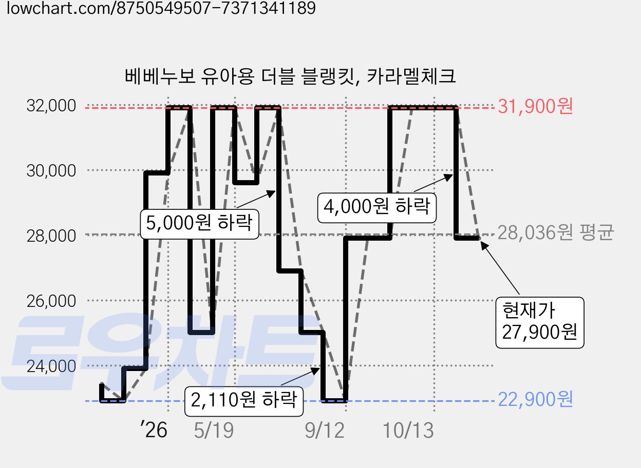 베베누보 유아용 더블 블랭킷, 카라멜체크 가격 변동 차트, 현재가 27,900원, 관측 최저가 20,510원