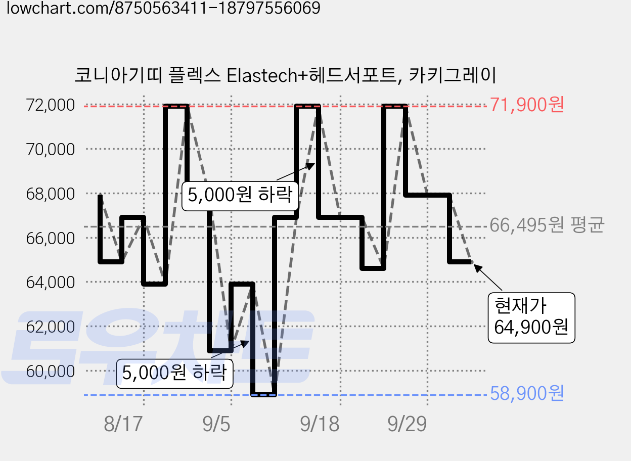 코니아기띠 플렉스 Elastech+헤드서포트, 카키그레이 가격 변동 차트, 현재가 64,900원, 관측 최저가 58,900원