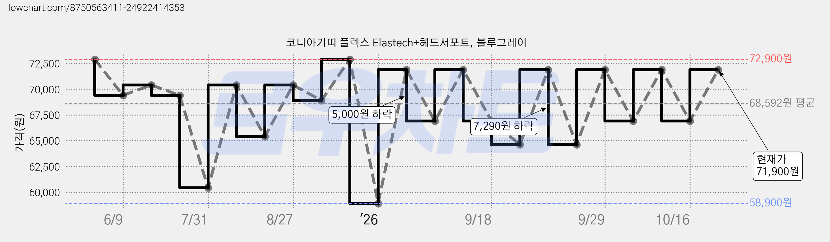 코니아기띠 플렉스 Elastech+헤드서포트, 블루그레이 가격 변동 차트, 현재가 71,900원, 관측 최저가 58,900원