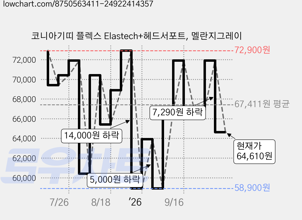 코니아기띠 플렉스 Elastech+헤드서포트, 멜란지그레이 가격 변동 차트, 현재가 64,610원, 관측 최저가 58,900원