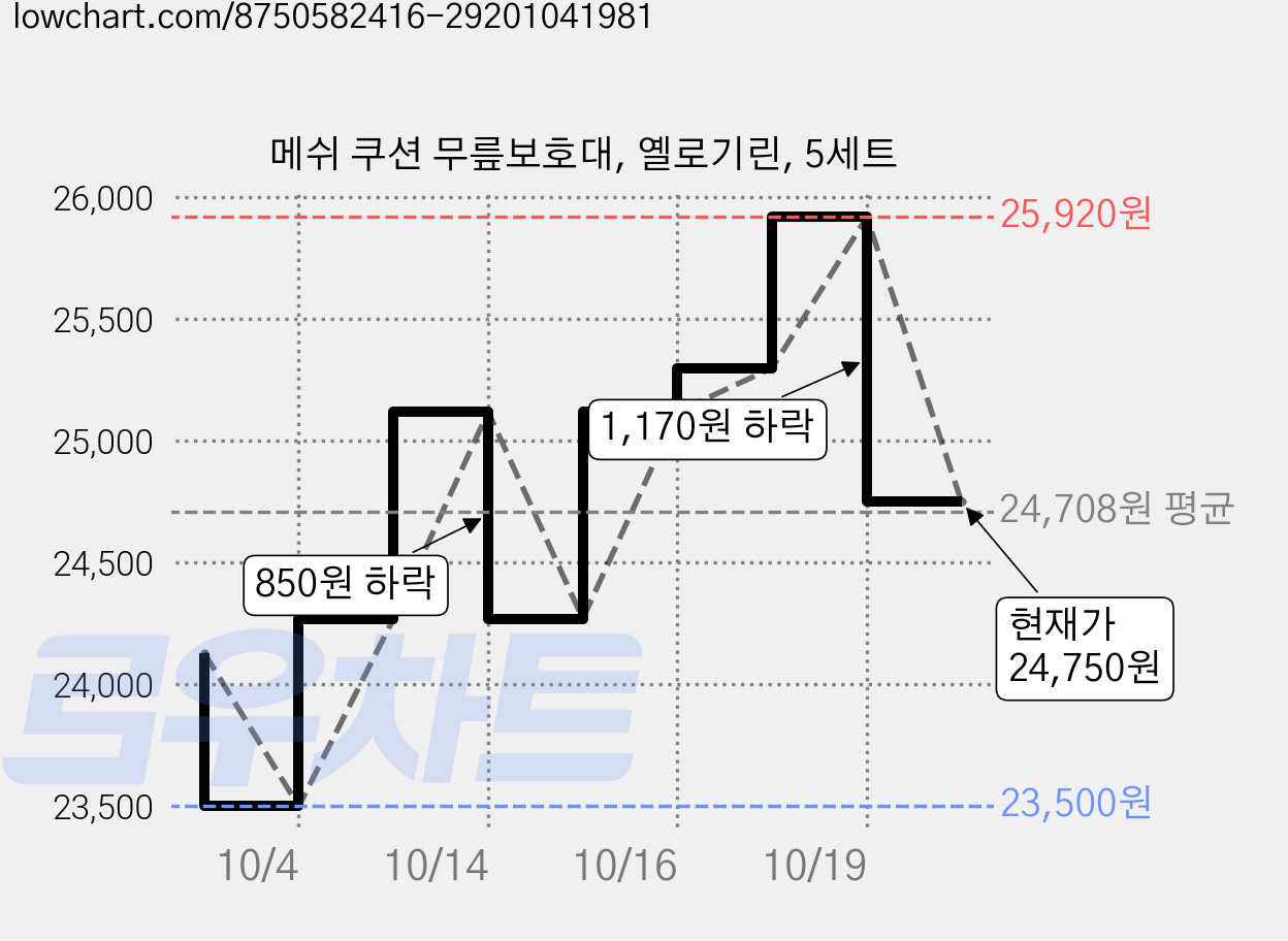 메쉬 쿠션 무릎보호대, 옐로기린, 5세트 가격 변동 차트, 현재가 24,750원, 관측 최저가 23,500원