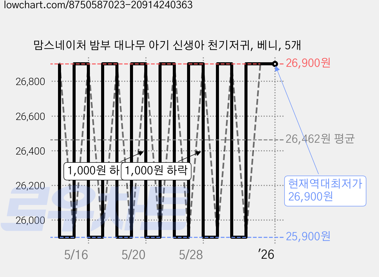 맘스네이처 밤부 대나무 아기 신생아 천기저귀, 베니, 5개 가격 변동 차트, 현재가 26,900원, 역대최저가