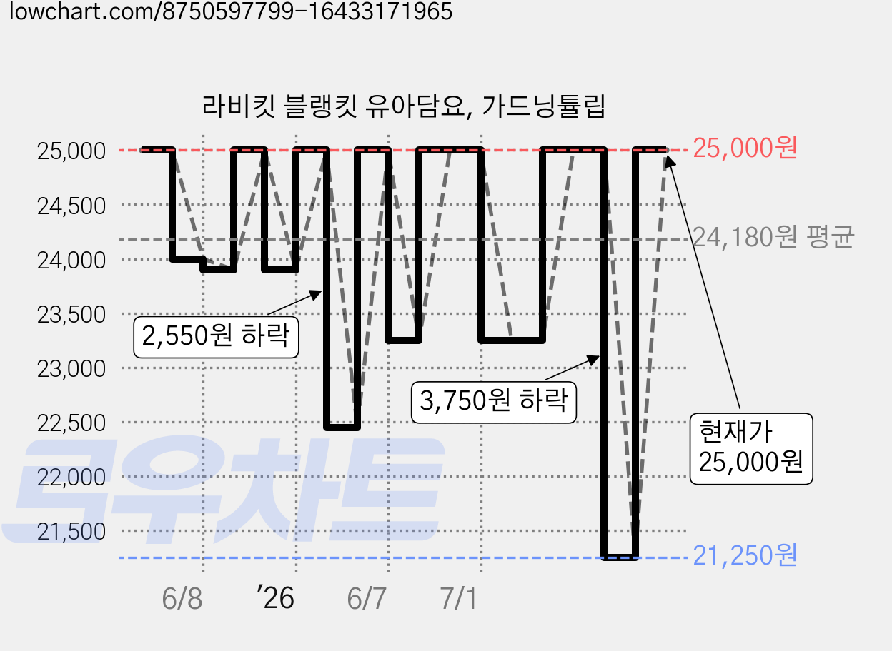 라비킷 블랭킷 유아담요, 가드닝튤립 가격 변동 차트, 현재가 25,000원, 관측 최저가 21,250원