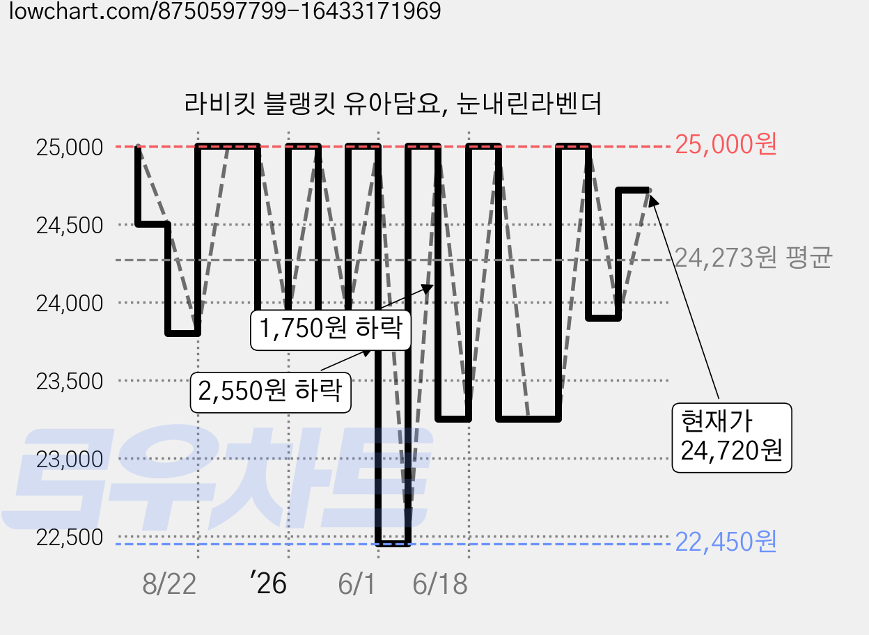 라비킷 블랭킷 유아담요, 눈내린라벤더 가격 변동 차트, 현재가 24,720원, 관측 최저가 22,450원