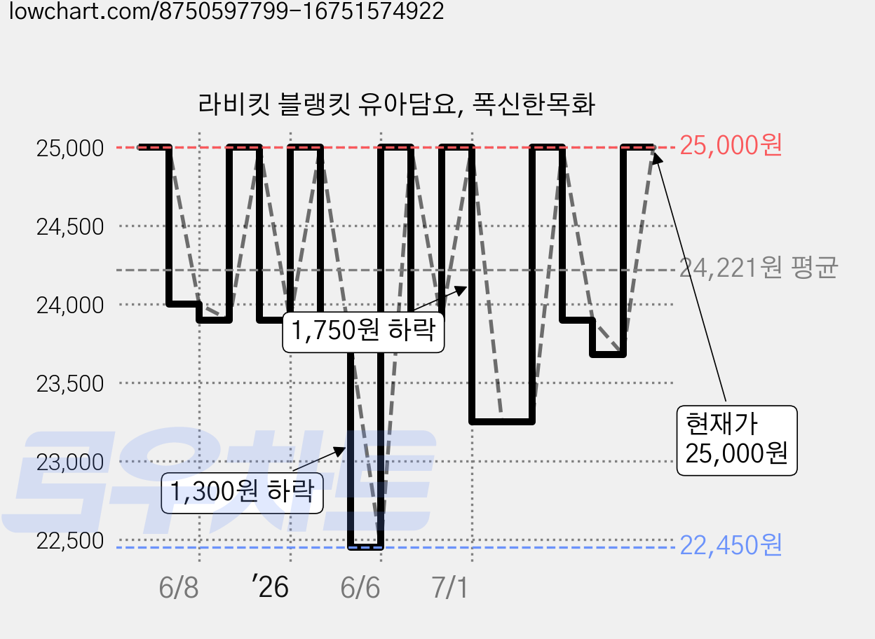 라비킷 블랭킷 유아담요, 폭신한목화 가격 변동 차트, 현재가 25,000원, 관측 최저가 22,450원