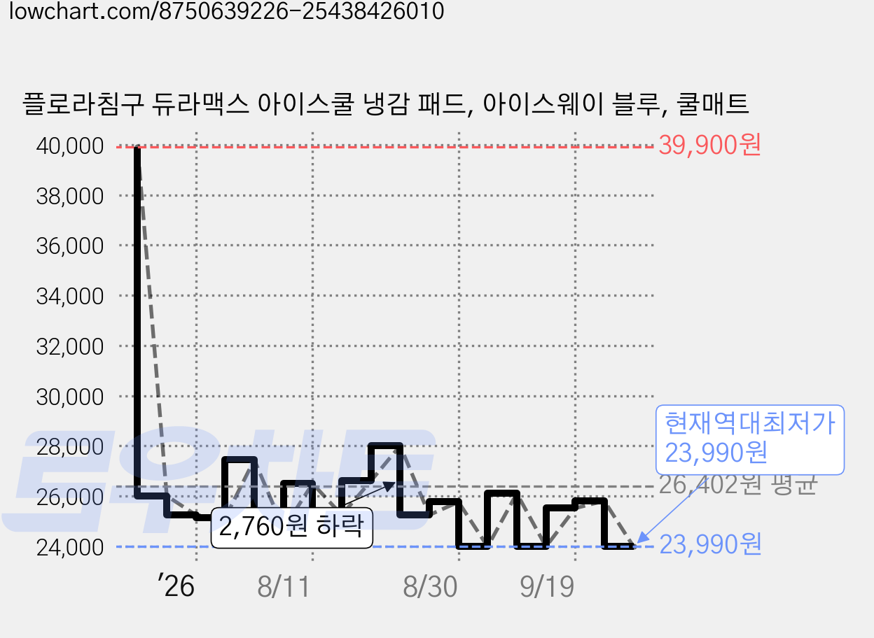 플로라침구 듀라맥스 아이스쿨 냉감 패드, 아이스웨이 블루, 쿨매트 가격 변동 차트, 현재가 23,990원, 역대최저가