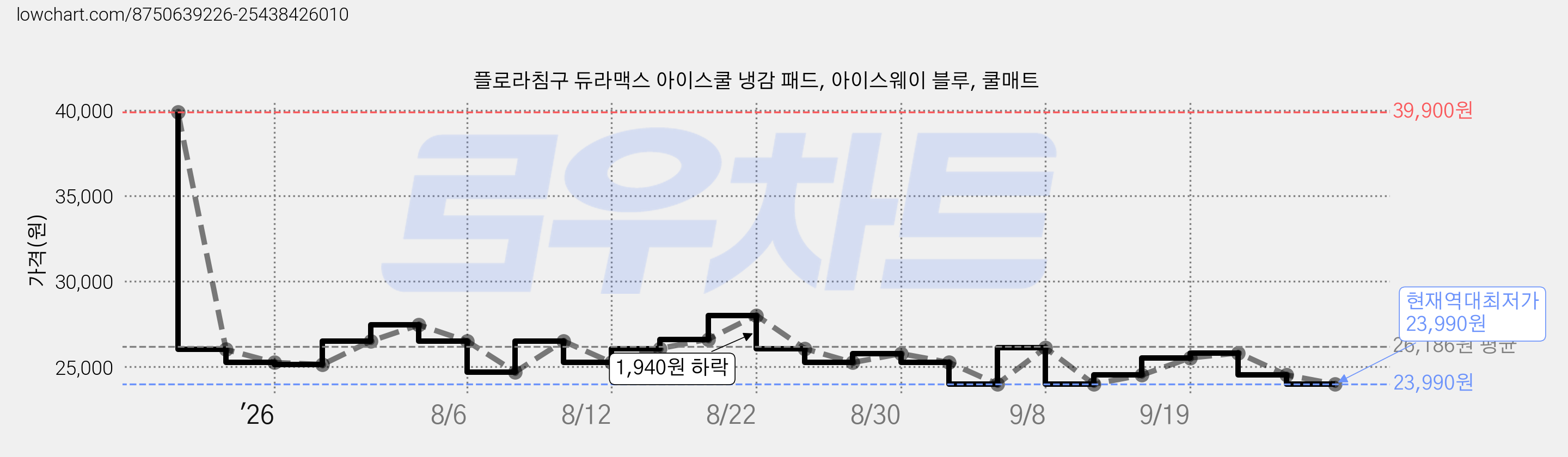 플로라침구 듀라맥스 아이스쿨 냉감 패드, 아이스웨이 블루, 쿨매트 가격 변동 차트, 현재가 23,990원, 역대최저가
