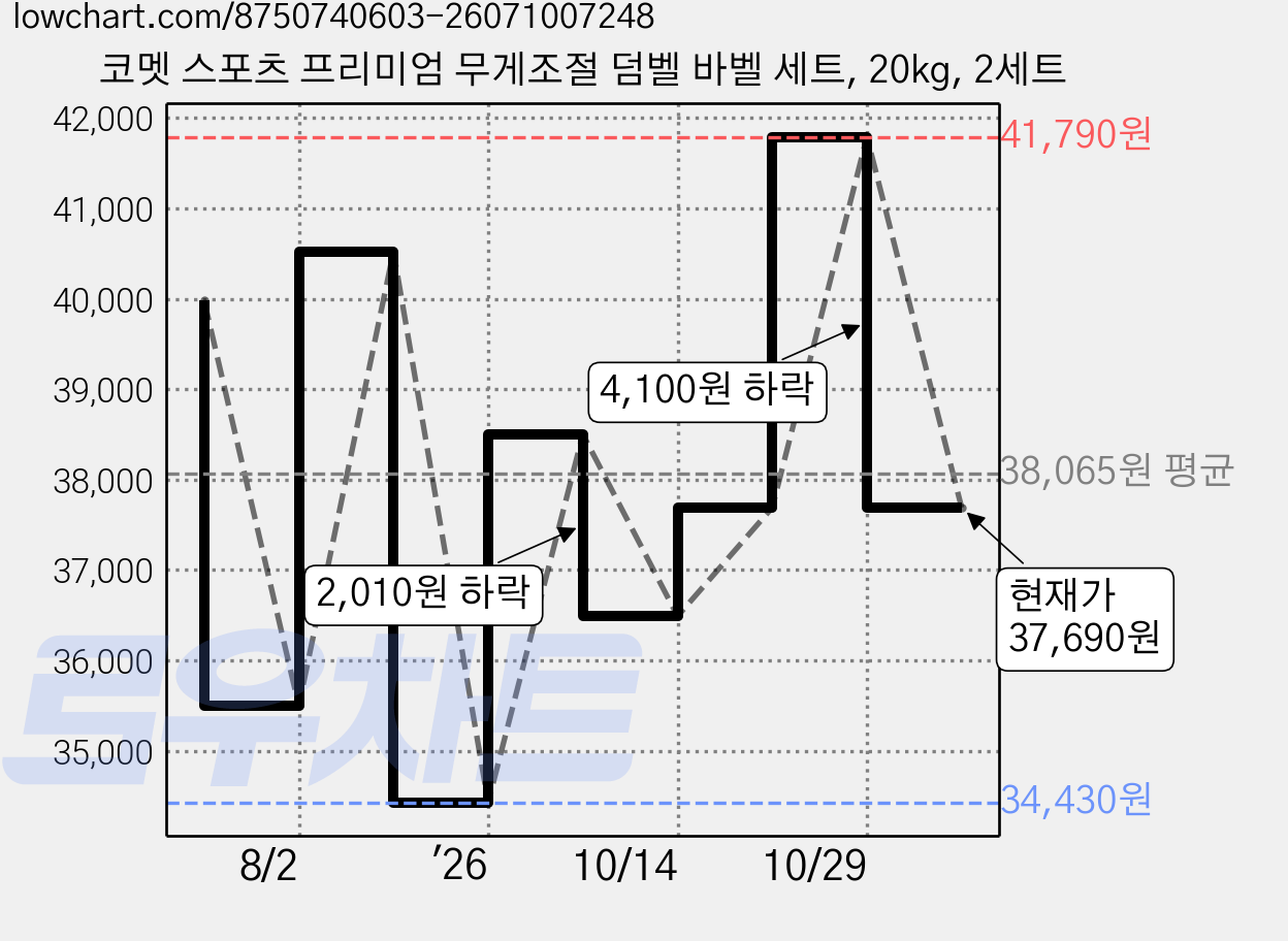 코멧 스포츠 프리미엄 무게조절 덤벨 바벨 세트, 20kg, 2세트 가격 변동 차트, 현재가 37,690원, 관측 최저가 34,430원