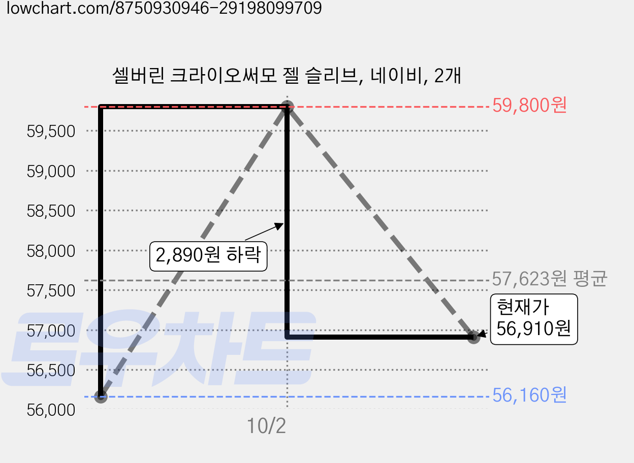 셀버린 크라이오써모 젤 슬리브, 네이비, 2개 가격 변동 차트, 현재가 56,910원, 관측 최저가 56,160원