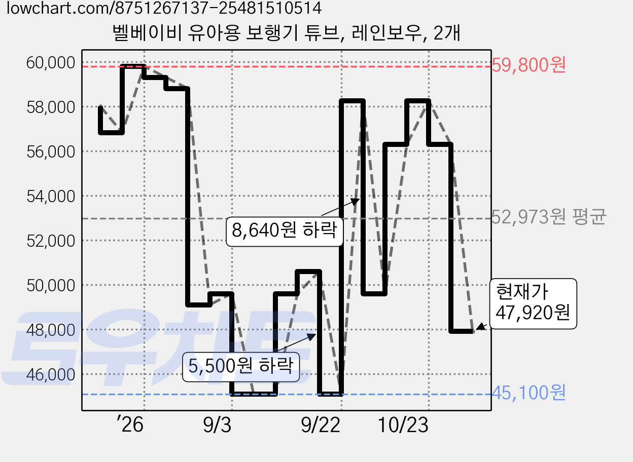 벨베이비 유아용 보행기 튜브, 레인보우, 2개 가격 변동 차트, 현재가 47,920원, 관측 최저가 45,100원