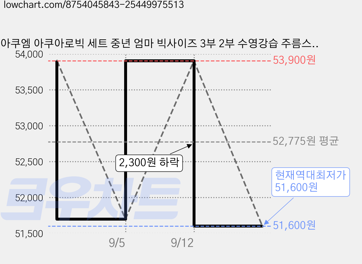 아쿠엠 아쿠아로빅 세트 중년 엄마 빅사이즈 3부 2부 수영강습 주름스판모자 가격 변동 차트, 현재가 51,600원, 역대최저가